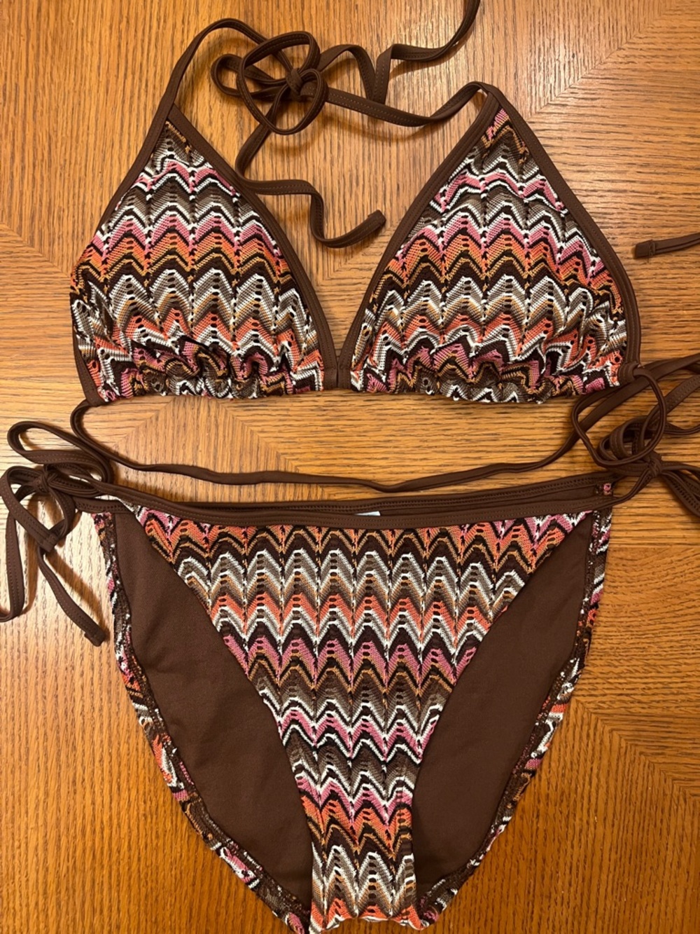 Shade & Shore Multicolor Chevron Tie Bikini in Brown, Pink & Orange M/L B13